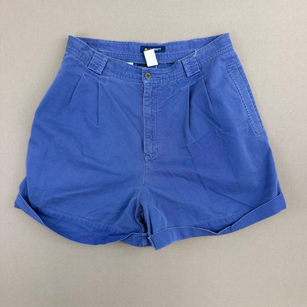 Lizsport Vintage Blue Pleated Cotton Cuffed‎ Shorts Womens Size 16 High Rise